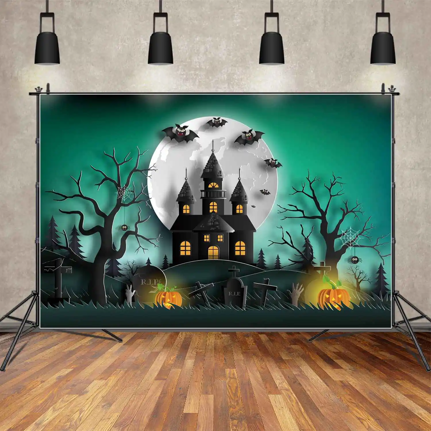 

MOON.QG Backdrop Halloween Banner Party Wall Castle Tree Tombstone Photo Booth Background Bat Spider Pumpkin Lamp Decorations