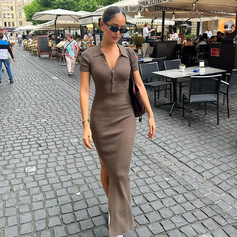 

Fashion Sexy Dresses For Women Clothes Elegant Temperament Solid Polo Collar Jag Short Sleeve Female Longuette