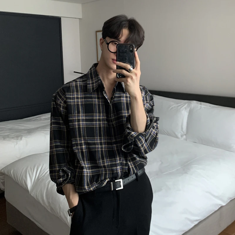 

Мужская рубашка с длинным рукавом, с принтом в виде решетки