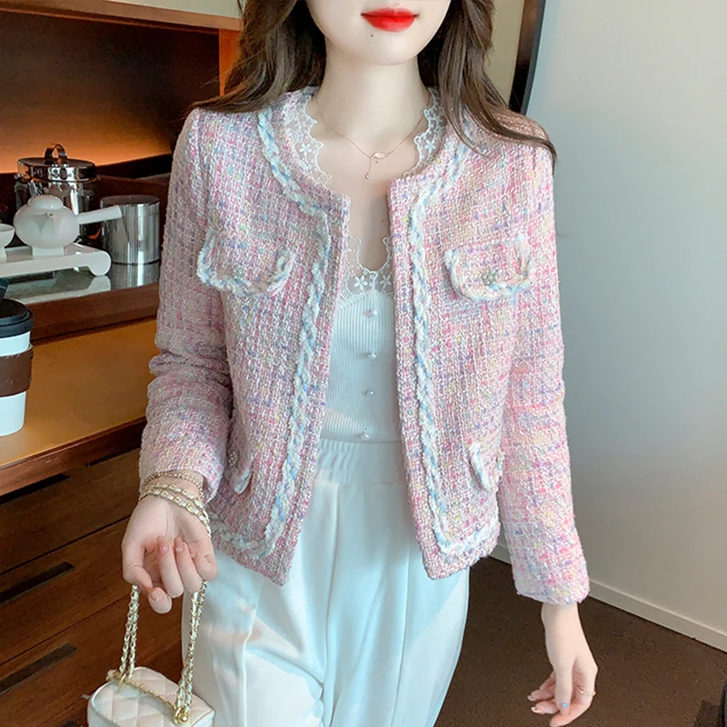 

Women Outwear Spring Tweed Short Jacket Autumn Pink Knitted Sweet Girl Coat