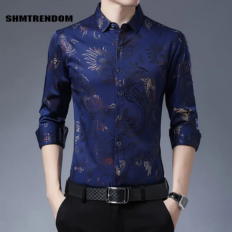 

Bronzing Reflective Print Business Casual Long Sleeve Men Shirt Autumn New Quality Smooth Comfortable Fashion Slim Chemise Homme