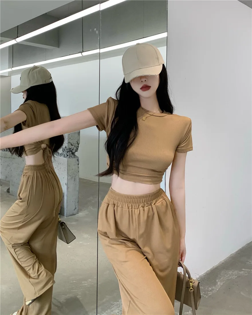 

Summer Women's Korean Style Fashion Set Solid Color Casual Two-Piece Hollow Backless Tie-Up Short Sleeve T-Shirt+Casual Pants