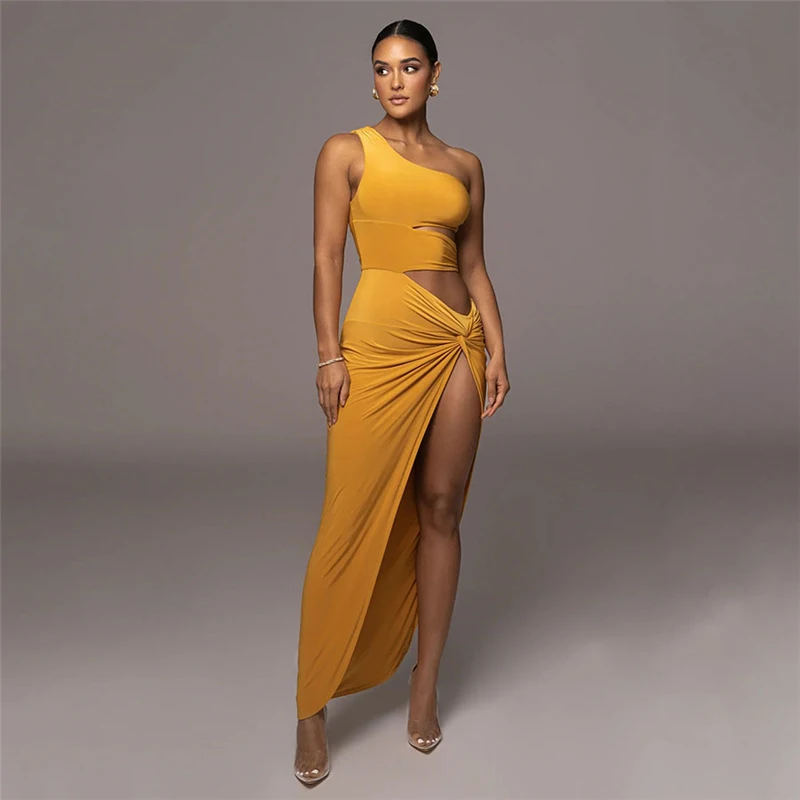 

Женское облегающее платье на одно плечо, однотонное Элегантное летнее платье из полиэстера, корейская мода, новинка зимы 2023