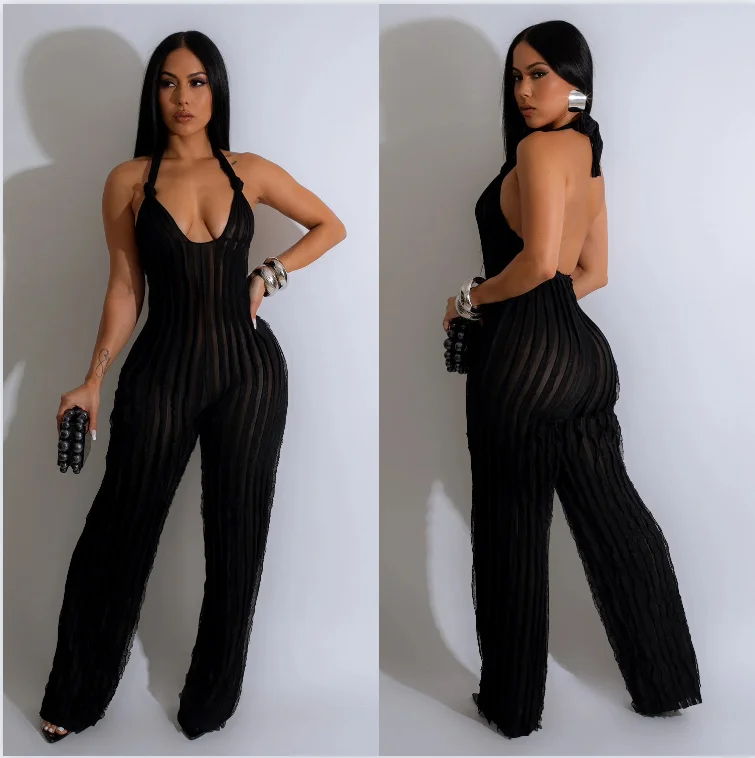 Модный женский комбинезон с оборками глубоким V-образным вырезом открытой спиной