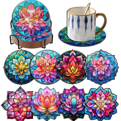 Sdoyuno 8pcs Diamond Art Coasters avec support DIY Animal Pattern Brink Cushion For Crafts Flower Diamond Painting Kits