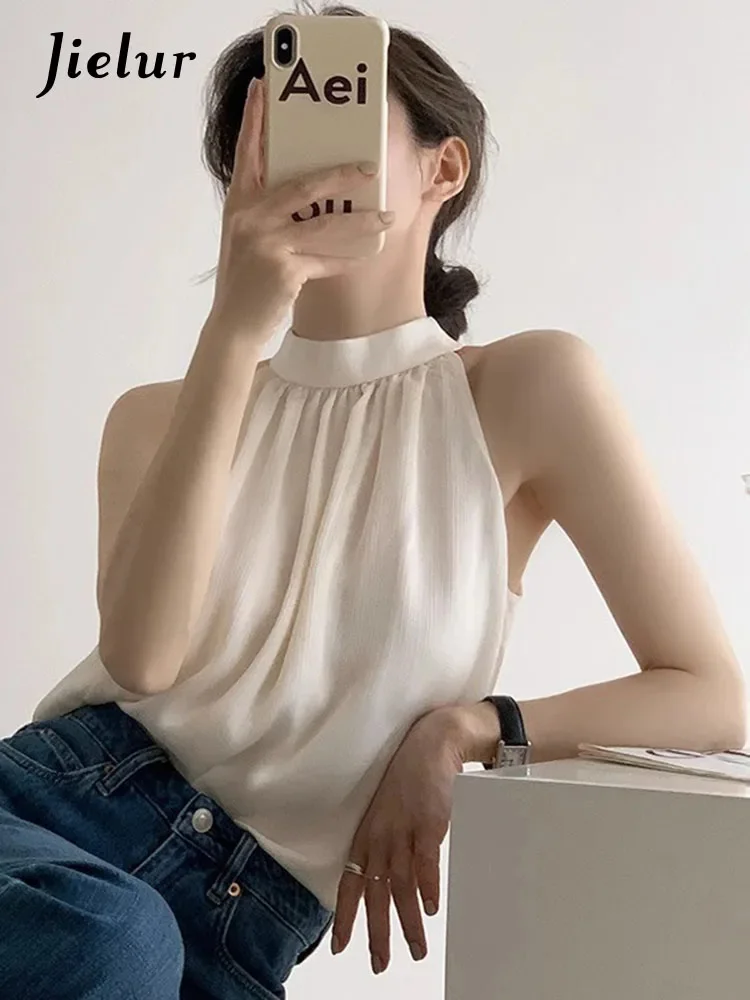 

Летняя новая однотонная тонкая женская блузка Swt, Женская французская блузка с лямкой на шее, женский бежевый простой базовый топ без косточек для женщин