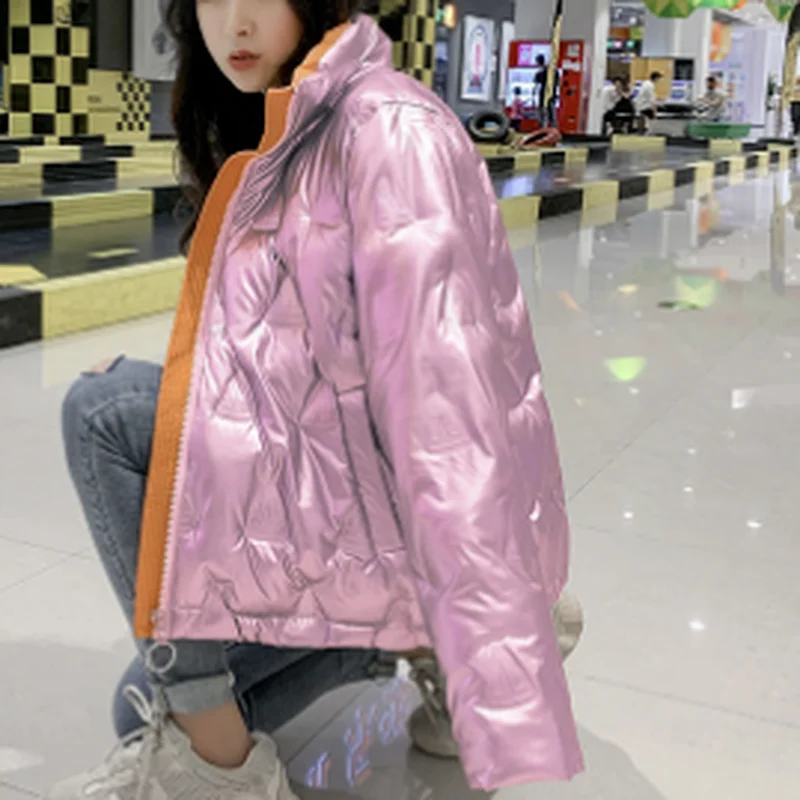 Bright Face Detachable Sleeves Hooded Stand-up Collar Down Bread Padded Jacket Women 2022 New Winter Color Loose Padded Jacket