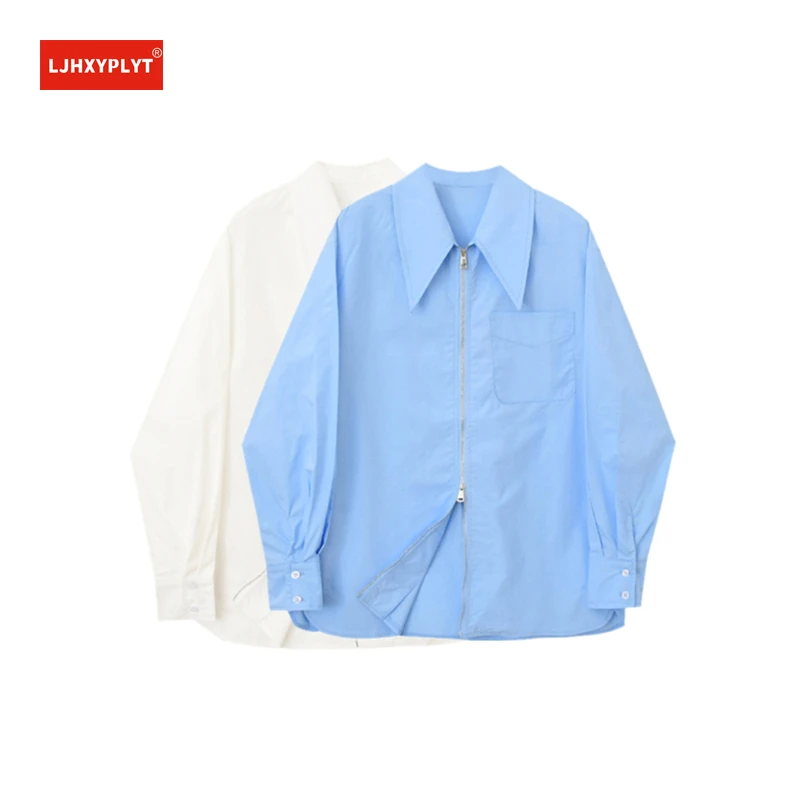 Blue Shirt Women's Design Sense Double Zipper Head Spring And Summer New Loose Sunscreen Long-sleeved White Blouse Female Simple