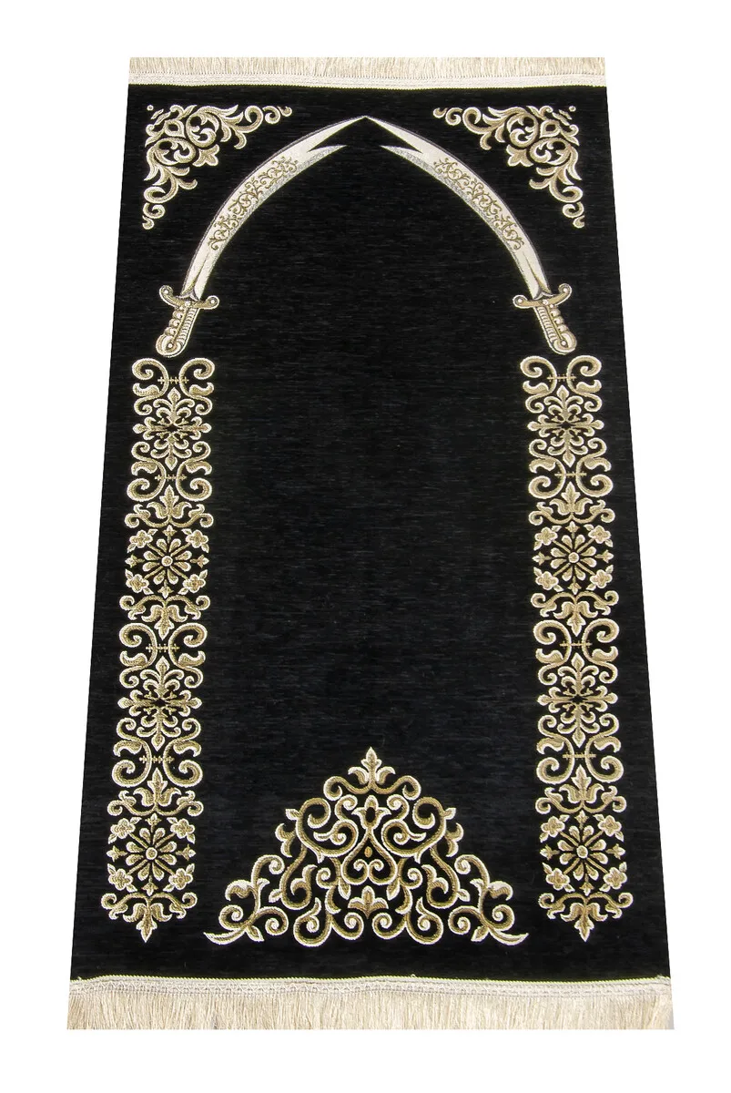 IQRAH Zulfiqar Patterned Ultra Plus Black Chenille Prayer Mat 1