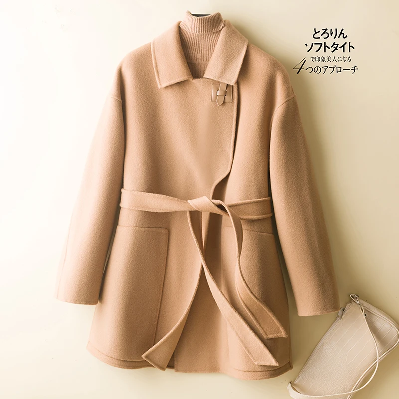 High-end double-sided cashmere coat women's lace-up loose autumn and winter new Korean version mid-length wool woolen coat