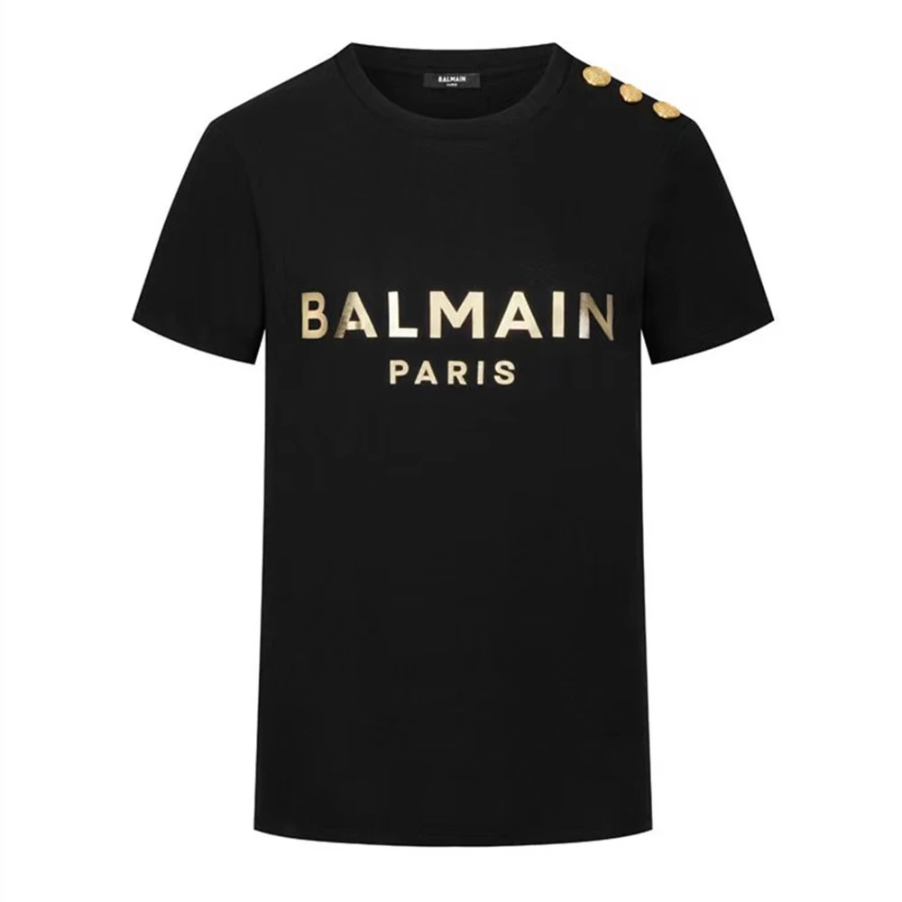 

Spring/Summer Men's Gold Label Letter Printing Pure Cotton T-shirt with Shoulder Button Style Round Neck Short Sleeve