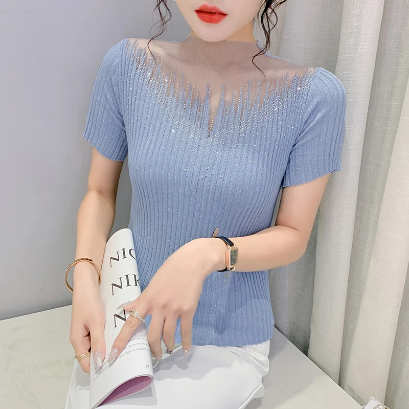 

Женский офисный трикотажный комплект, розовый тонкий Топ с коротким рукавом и прострочкой из сетчатой ткани со стразами, лето