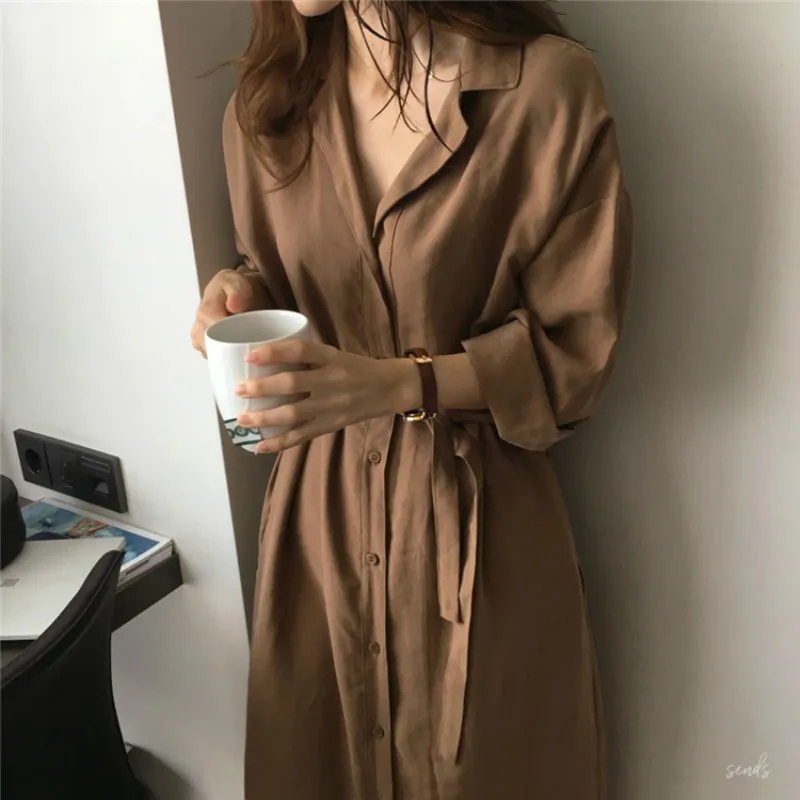 

2021 Spring Autumn Female Batwing Sleeve Utility Vintage Solid Shirt Dress Women New Fashion Casual Wrap Dress Loose Oversize