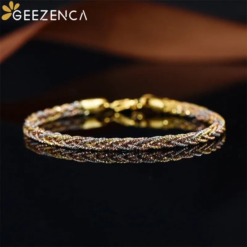 

GEEZENCA Sparkling 925 Terling Silver Woven Bracelet Luxury Gold Plated Tricolor 8 Strands Braided Bracelets Italian Jewelry
