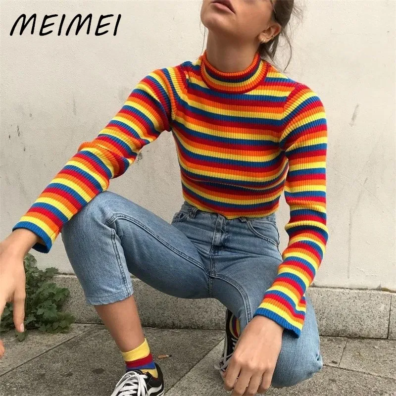 

2023 Y2k Colorful Striped Ribbed Slim Short Knitwear Women Casual O Neck Long Sleeve Short Knit Tops Vintage Streetwear Sweater