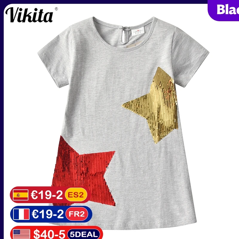 

VIKITA Kids Star Dress Children Sequins Appliqued Dress Toddlers Casual Cotton Dresses Children Summer Clothes 3 to 8 Years