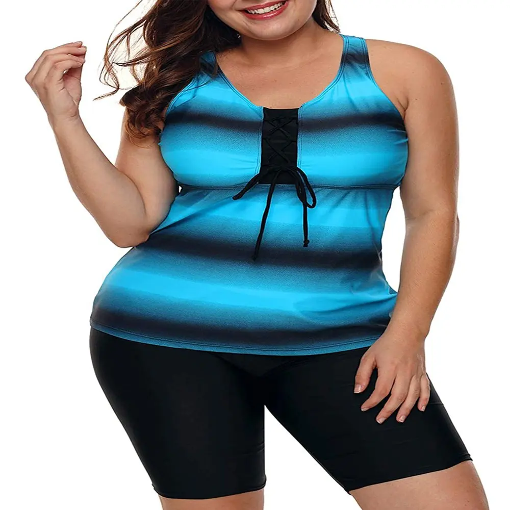 

HMCN Women`s Plus Size Racerback Tankini Swimsuits with Swim Capris 2 Piece Color Block Athletic Bathing Suits