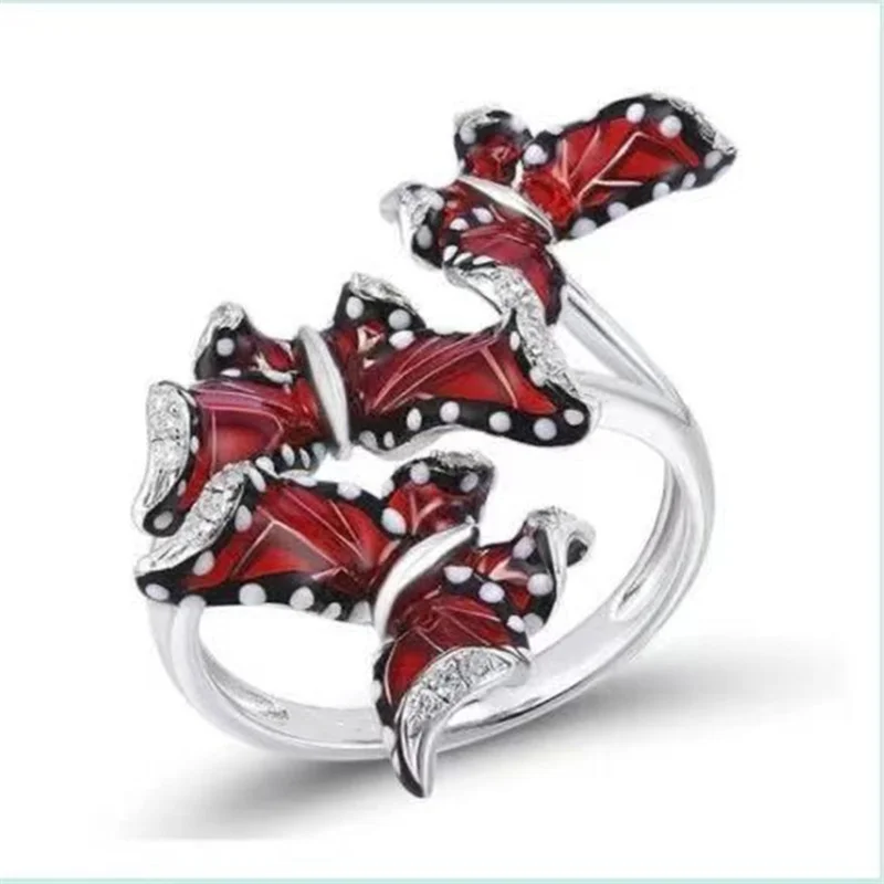 

Red Enamel Butterfly Inlaid Rhinestone Creative Ring For Women Engagement Wedding Jewelry Hand Accessorie