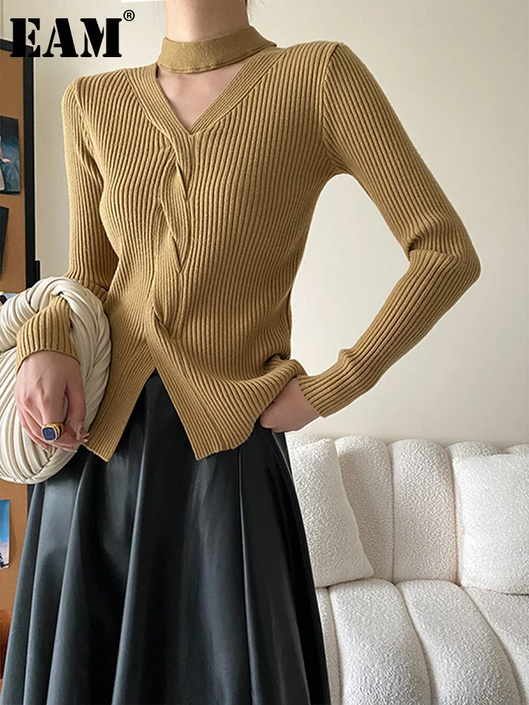 

Женский трикотажный свитер EAM, черный свитер с асимметричным разрезом, с длинными рукавами, Осень-зима 2023, 1DF3996