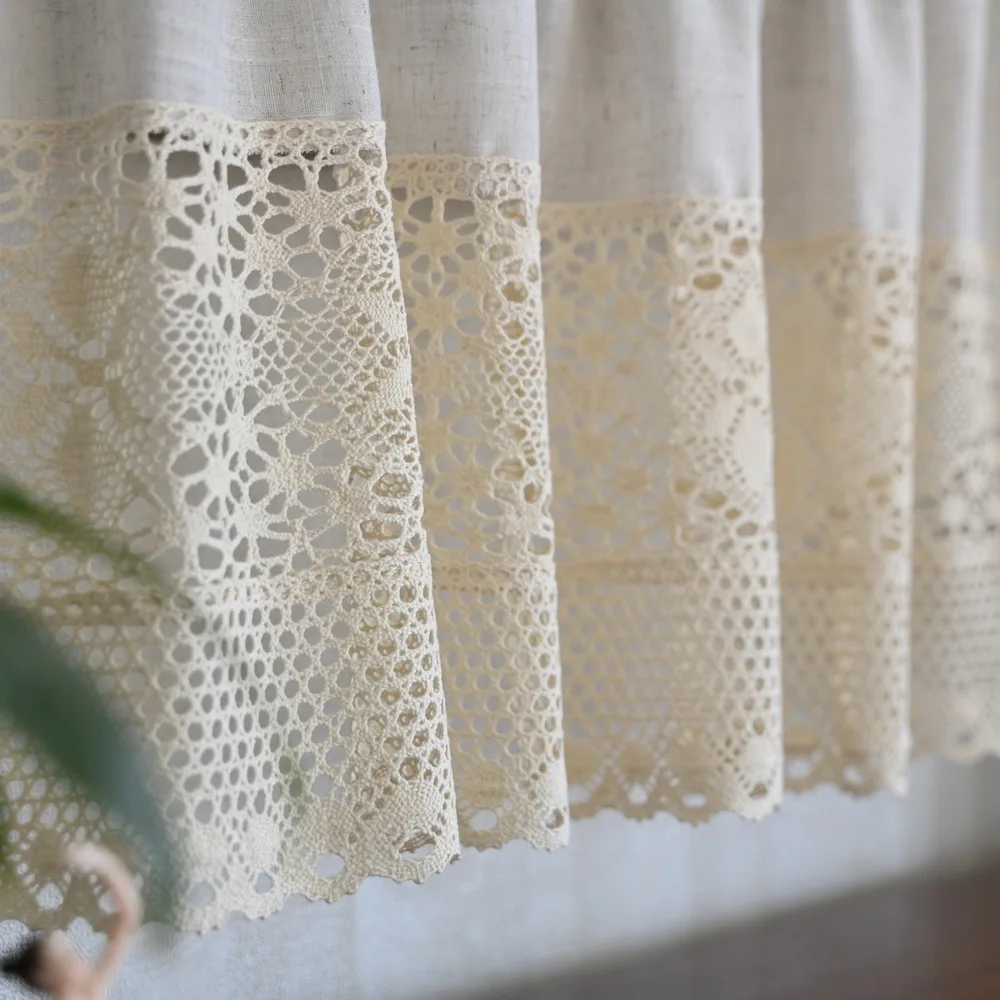 Хлопково-льняная вязаная крючком цветочная полая короткая занавеска для кухни