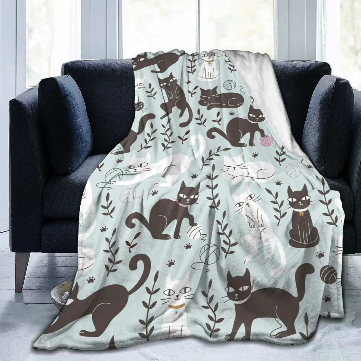 

Мягкое теплое фланелевое одеяло с рисунком кошек в каракули, переносное зимнее тонкое покрывало для кровати, дивана, одеяло