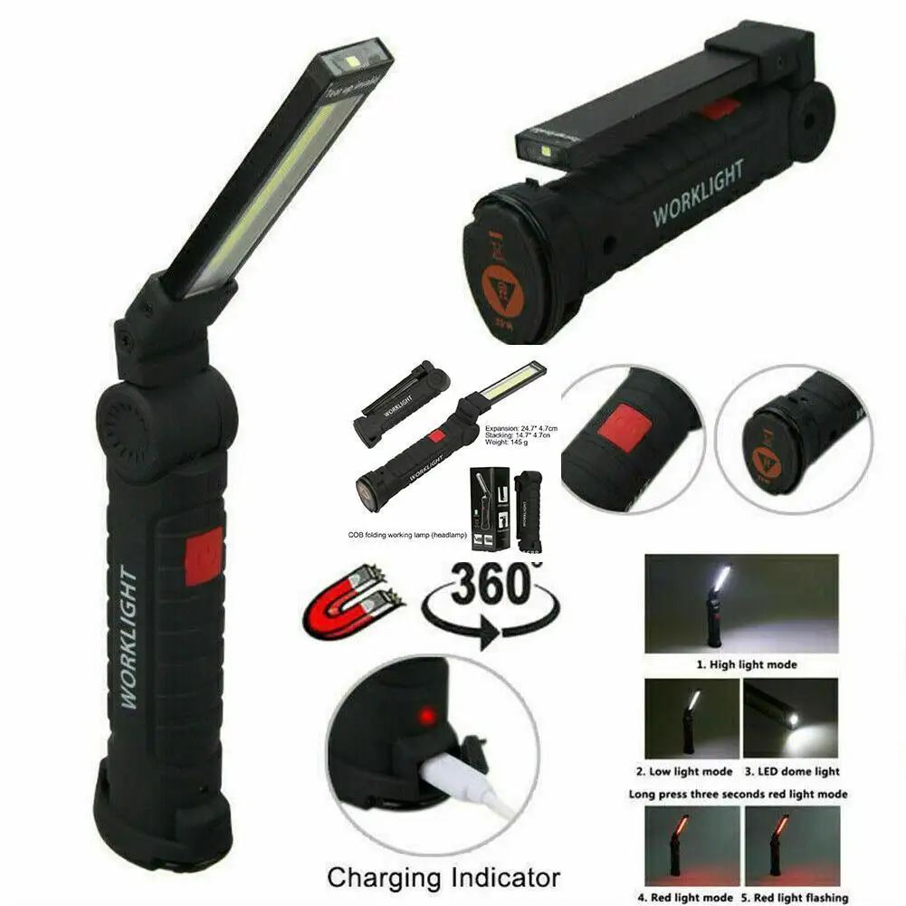 

5 режимов, фонарь, перезаряжаемый от USB, с магнитной светодиодной лампой для ремонта автомобилей, кемпинга