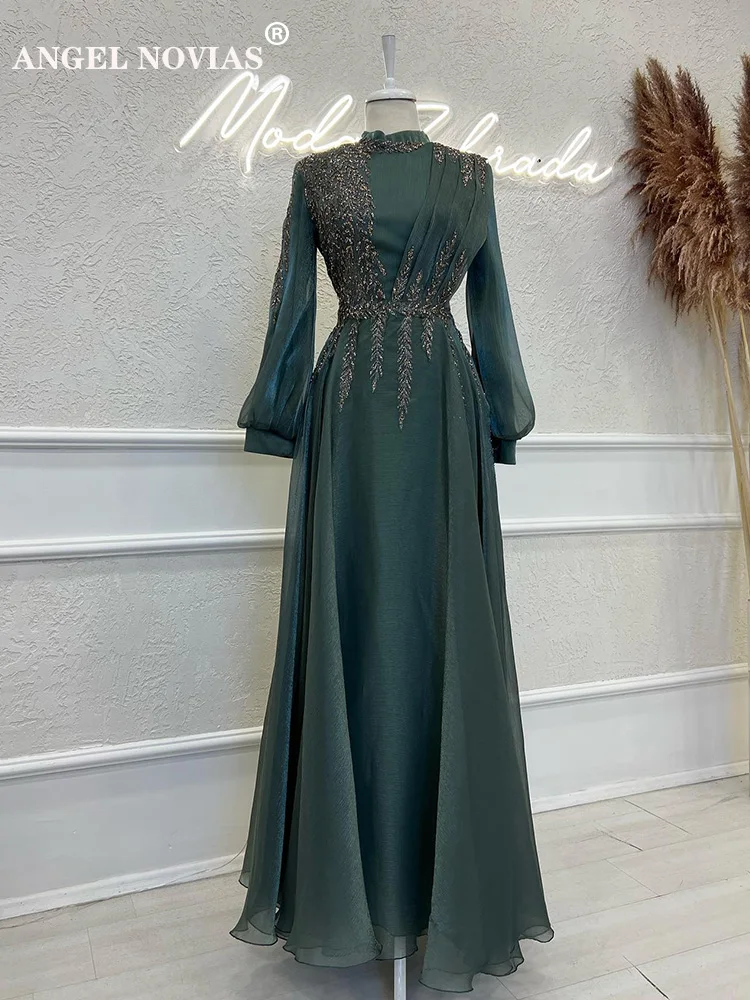 

Long Sleeves Green Abiyeleri Evening Dresses High Neck Muslim Turkey Chiffon Arabic Formal Evening Gowns Vestidos De Noche