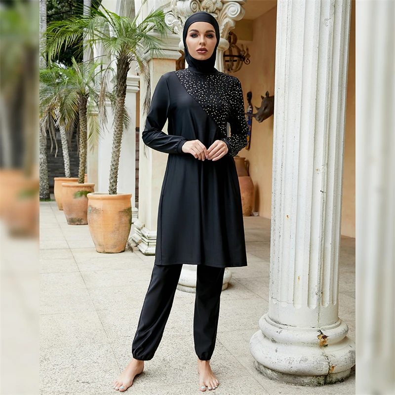 

2022 Modest Full Coverage Islamic Women Swimwear Sequins Black Muslim Women Swimsuit Vacation Burkini New