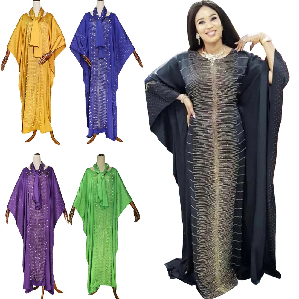 

African Dresses for Women Diamonds Satin Abaya Africa Dashiki Moroccan Kaftan Loose Traditional Boubou Arab Robe Muslim Dress