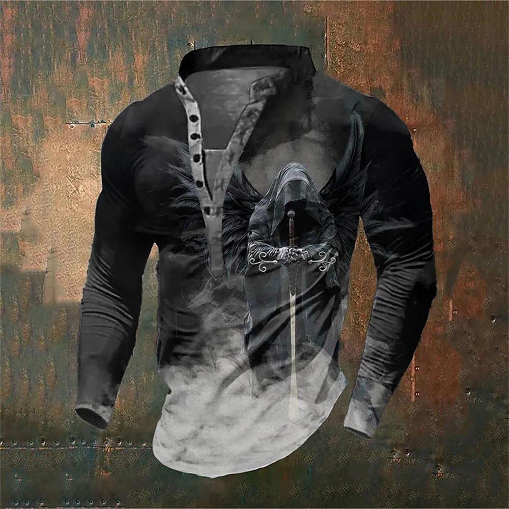 

2023 Spring T Shirt Men New Long Sleeve Casual Graphic Printed Henry Collar Man Fashion High Quality Polyester Men's Clothing