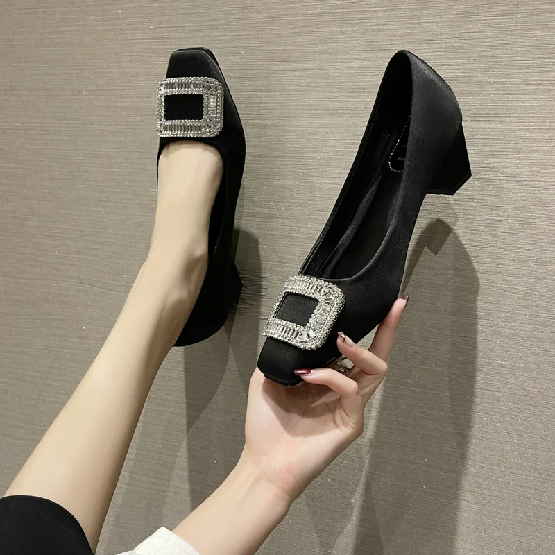 

Women's High Heels Fashion Shoes Rhinestone Buckle Decorative Shoes Fall 2022 Square Toe Pumps Black blue Zapatillas Mujer