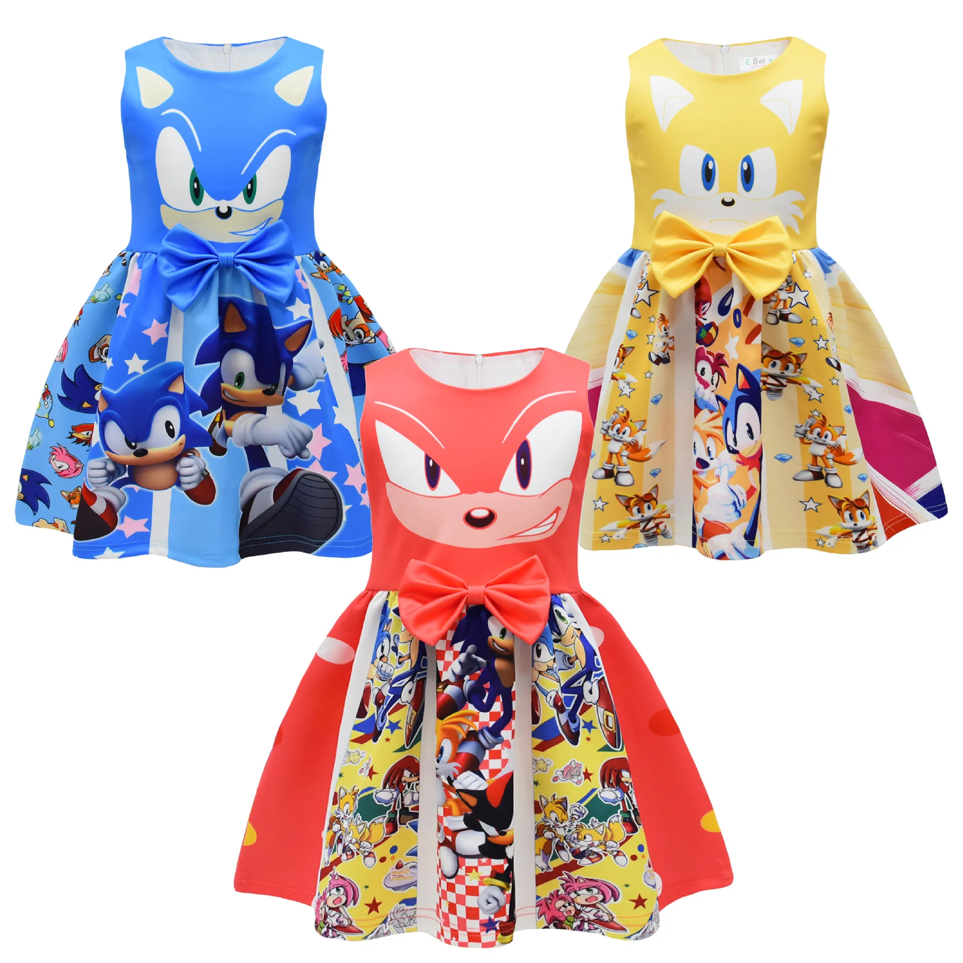 

Girls Cartoon Super Sonics Cosplay Dress Blue Red Yellow Bow Sleeveless Christmas Carnival Party Princess Dress