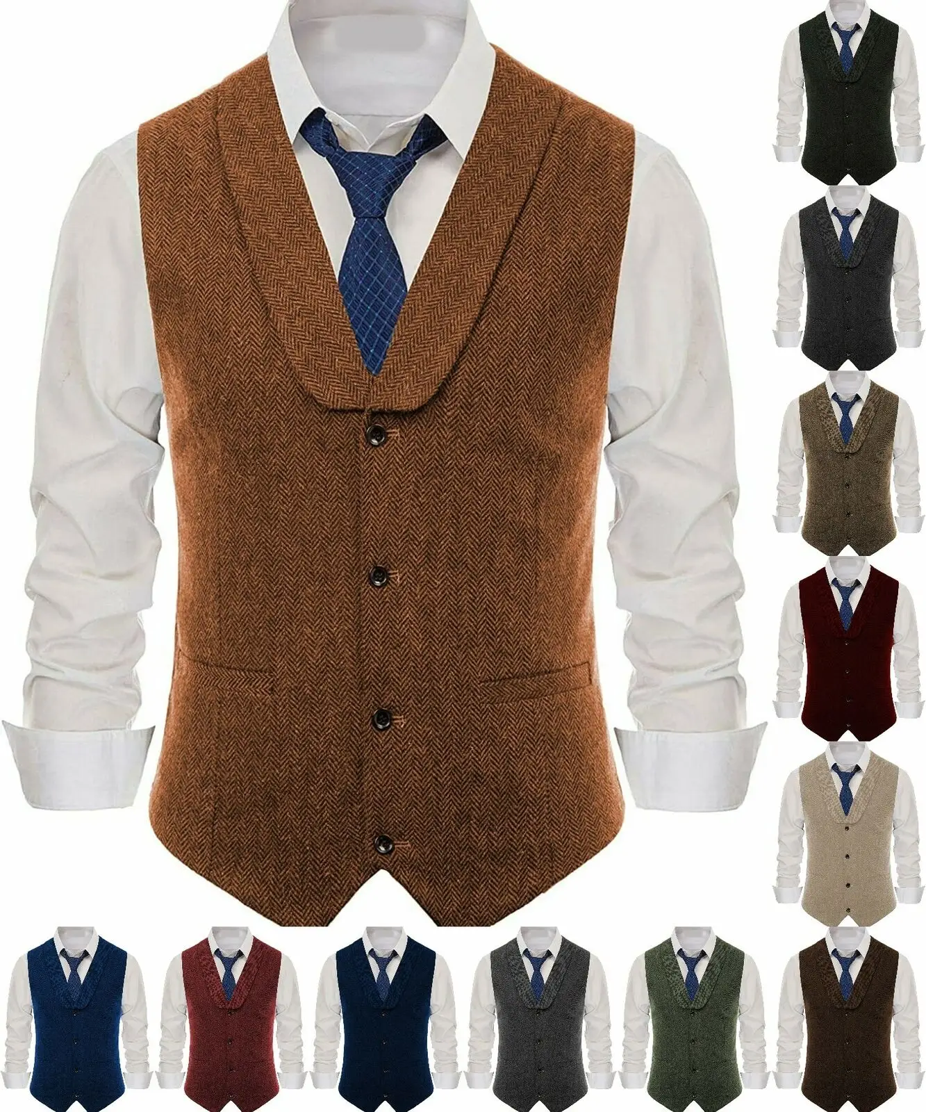 

Men's Herringbone Pattern Retro Tweed Vest Lapel Groom Retro Slim Business Groomsmen Wedding Vest