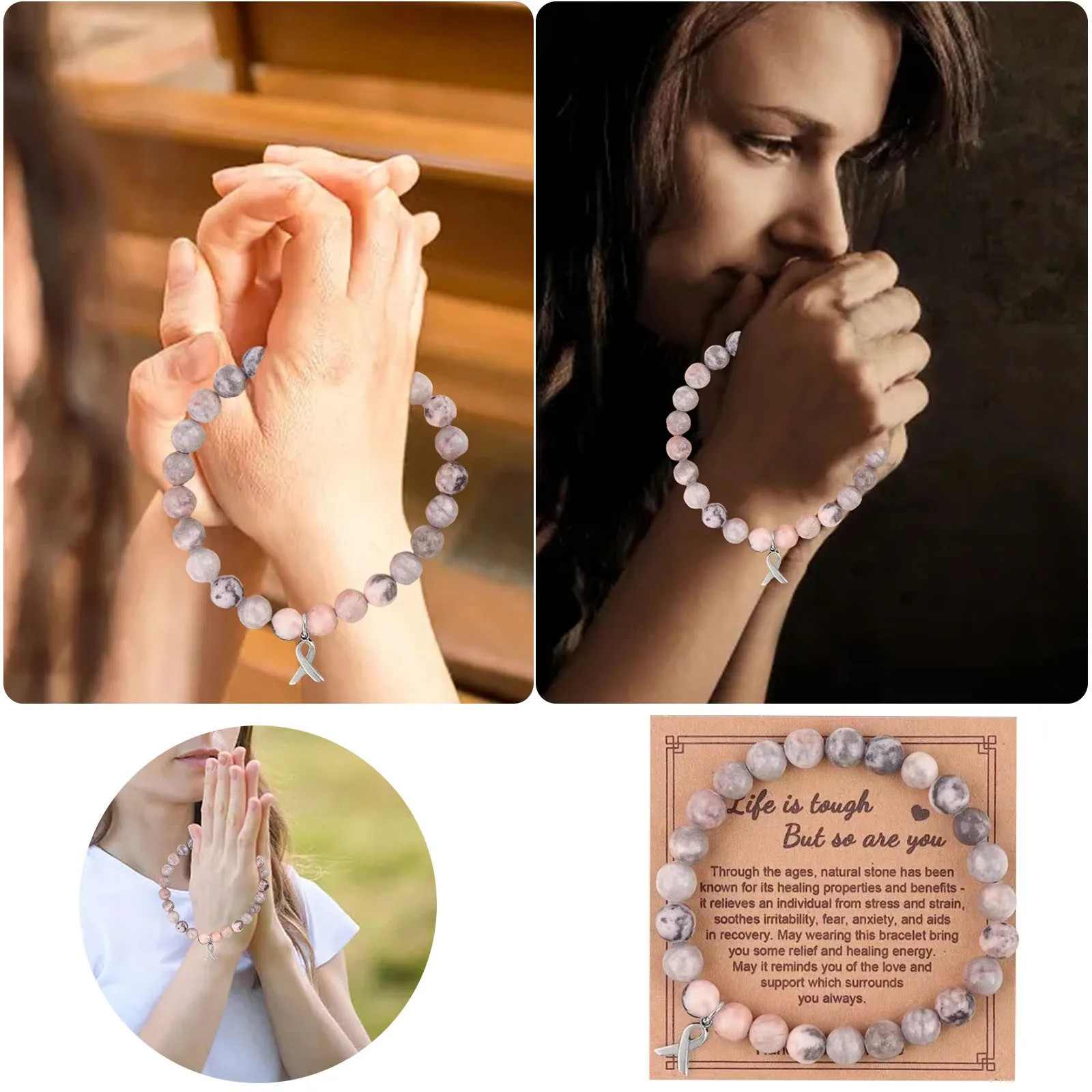 Breast Cancer Prevention Red Ribbon Inspirational Gifts For Women Get Well Soon Gifts 8mm Stone Bracelets Crystal Stone Gifts