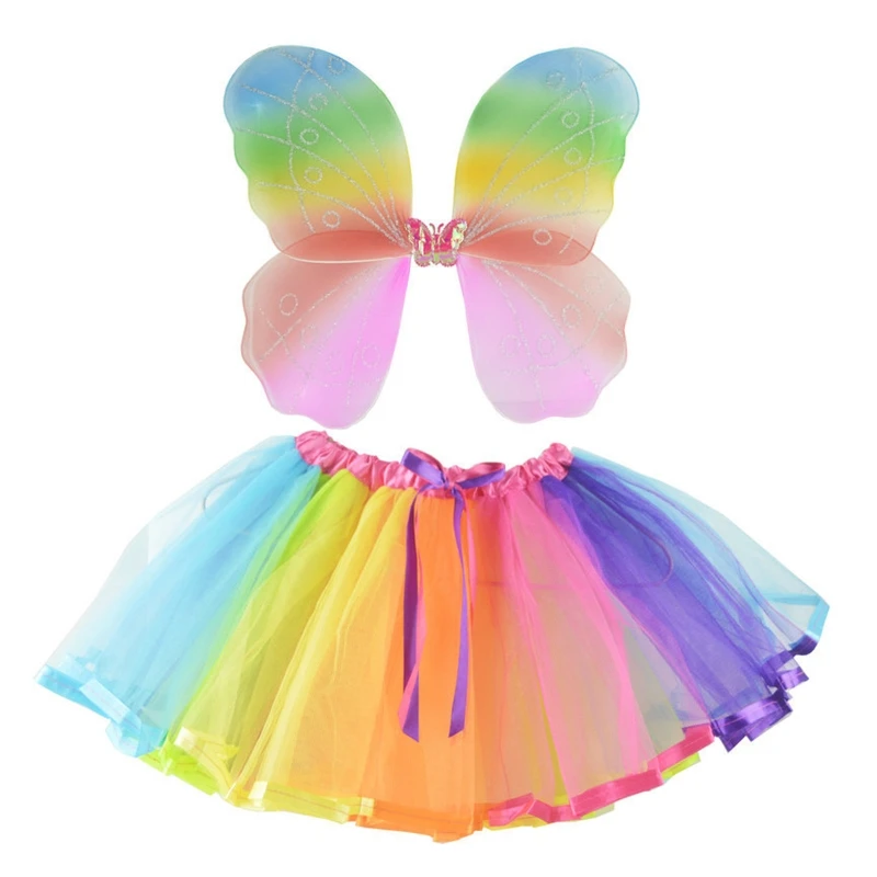 Rainbow Butterfly Wings Costume for Kids Girls Dress Up Child Fairy Wings Tutu Skirt for Halloween Party Favors Cospplay