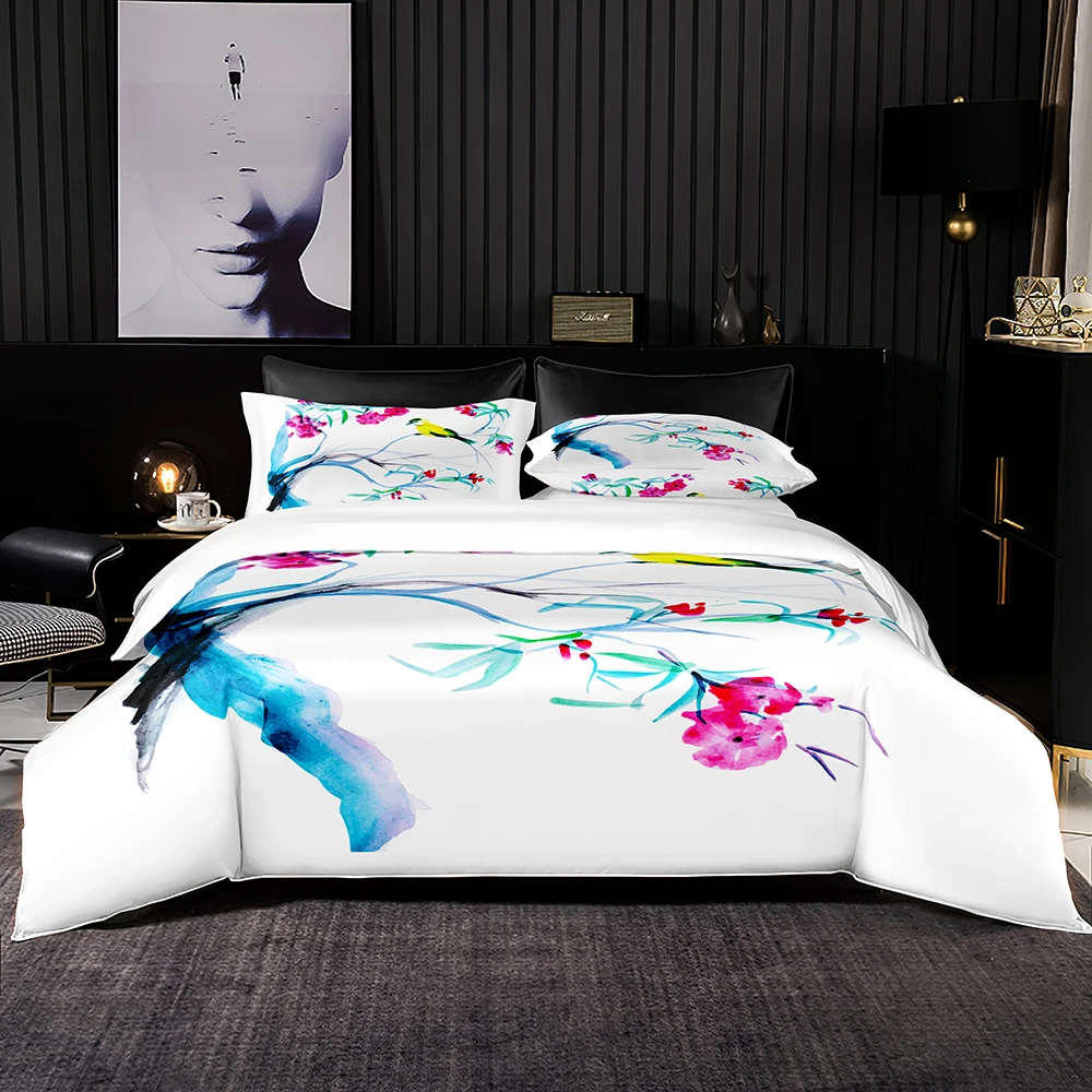 

Blue Gray Splash Bedding Set Blue Branch Pattern Duvet Cover & Pillowcase Pink Flower Quilt Cover Bed Accessory Queen King Size