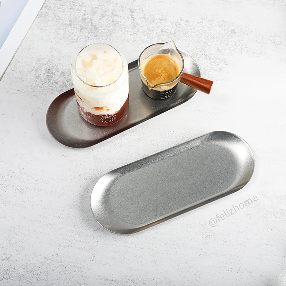 

Retro Old-Fashioned Stainless Steel Tray, Oval Small Silver Dishes Nordic Metal Serving Plate Sets For Food Snack Cake Dessert