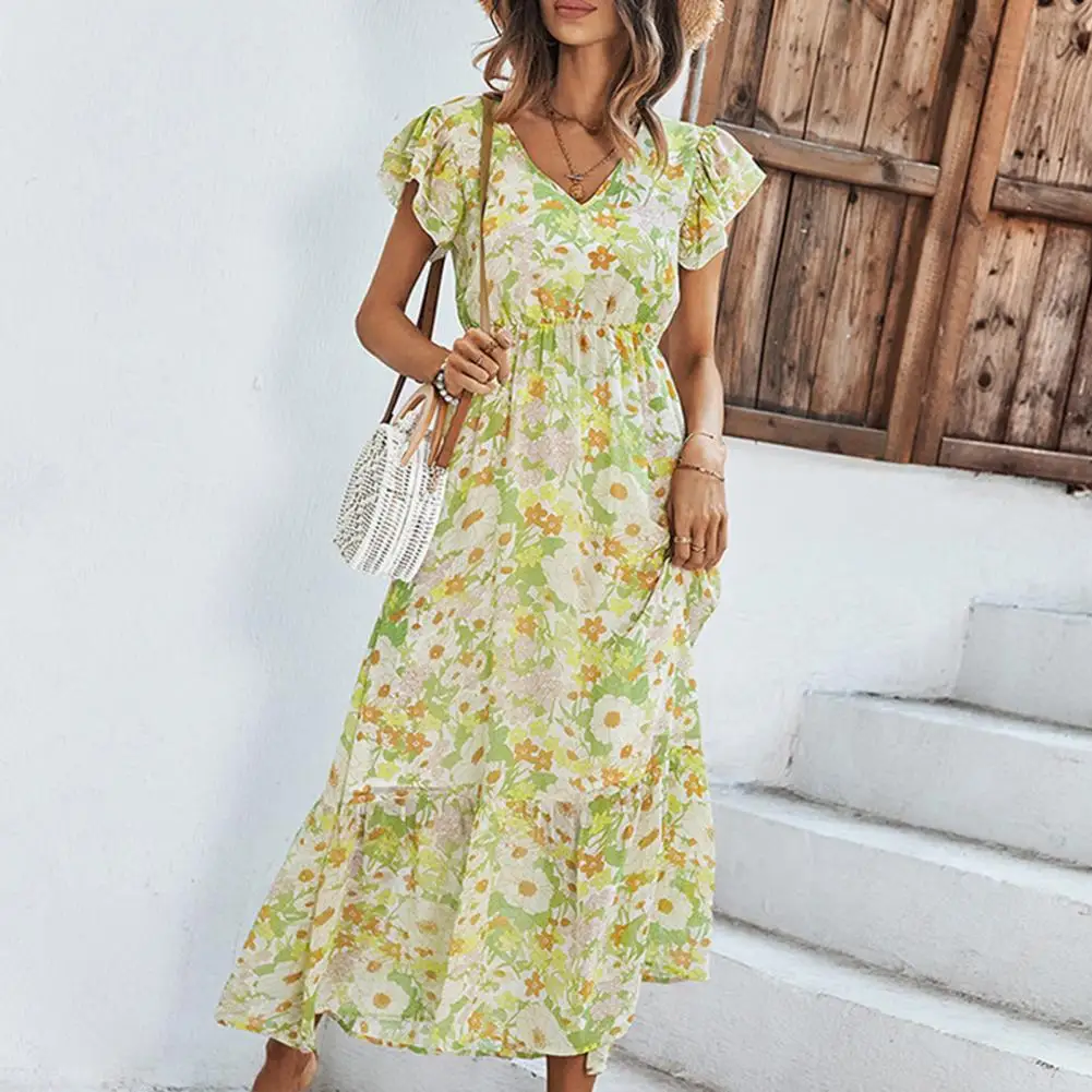 

Flying Short Sleeve Elastic Waist Tight Ruffle Large Hem Chiffon Dress Summer Floral Print Beach Chiffon Dress Female Clothing