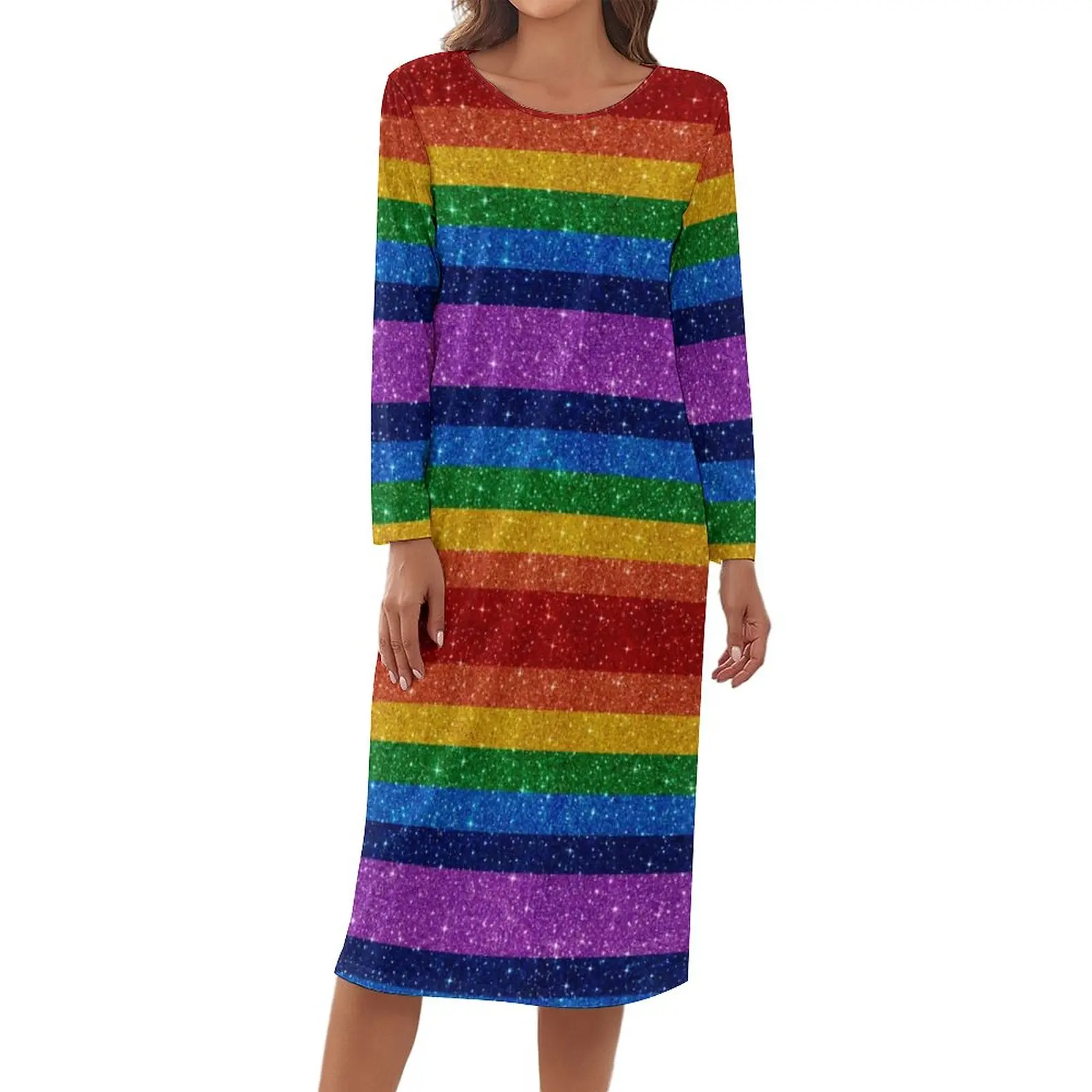 

Bling Me Up Rainbow Pajamas Striped Pop Art Glitter Long Sleeves Cute Dresses Cheap Women Leisure Nightwear Daily Pattern Pajama