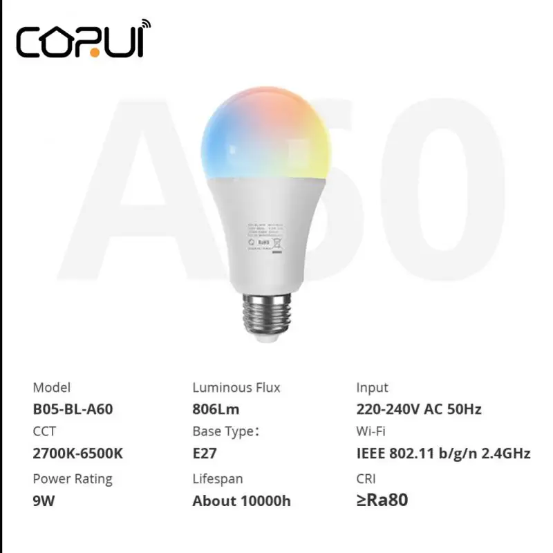 

CoRui EWeLink WIFI + Bluetooth Smart LED Bulb 220-240V 9W E27 RGB+CCT Smart Bulb Work With Alexa Google Home Smart Bulb