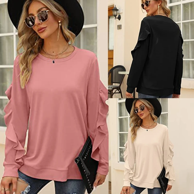 

Womens Casual Ruffle Long Sleeve Sweatshirt Crew Neck Plain Pullover Tunic Top