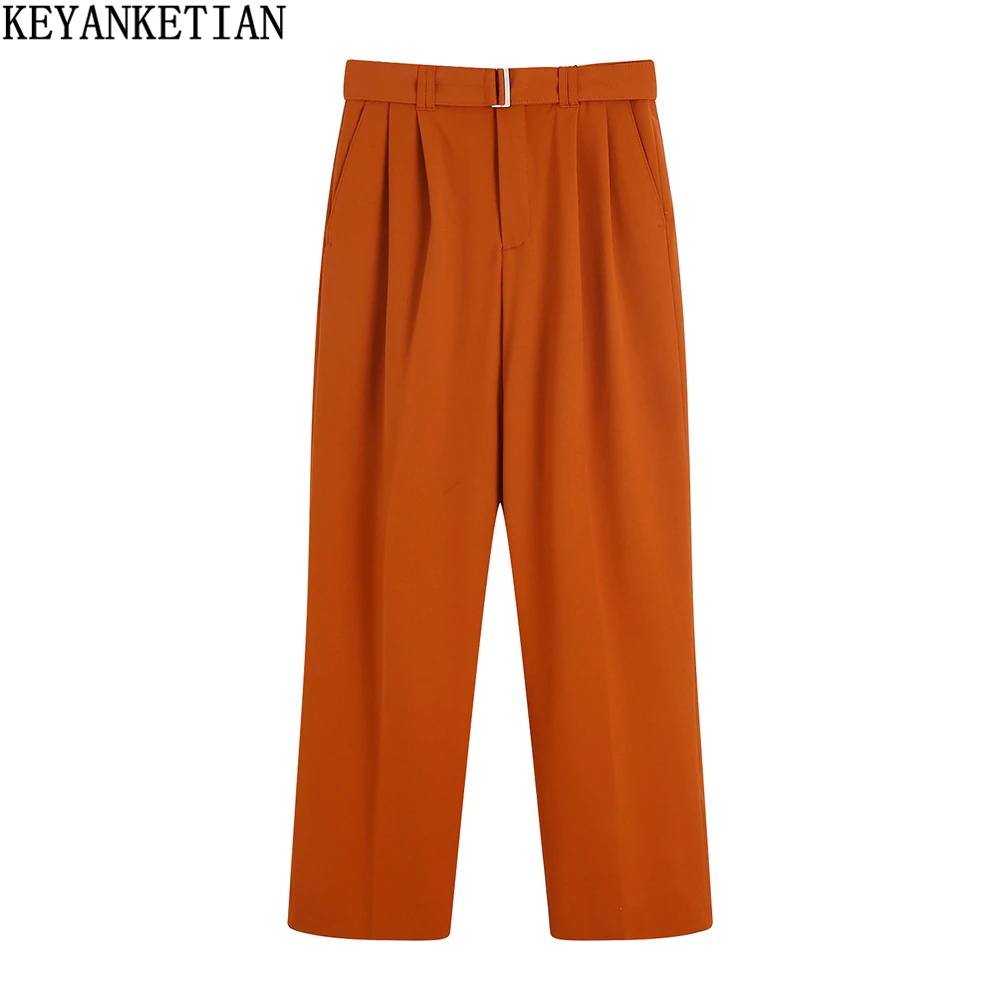 

KEYANKETIAN Ladies Belted Tapered Hem Casual Pants 2022 New Orange Red Zipper High Waist Drape Fashion Women Straight Pants