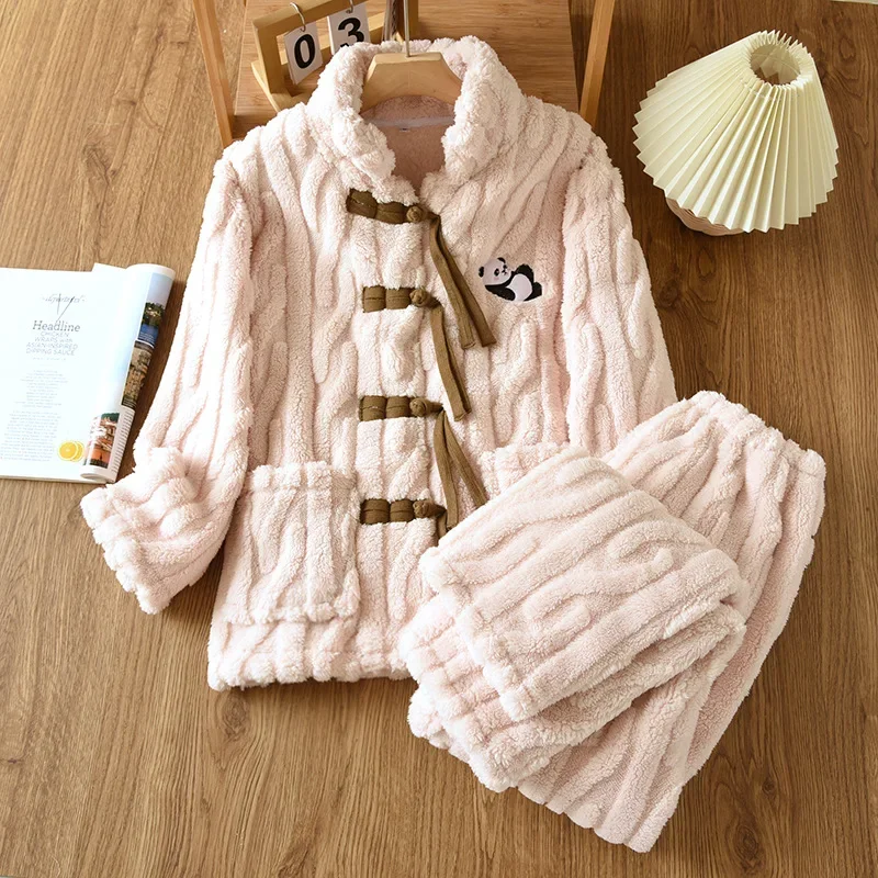 

Фланелевая теплая Пижама для зимы, женская одежда для сна с вышивкой, осенний комплект из двух предметов, домашний костюм