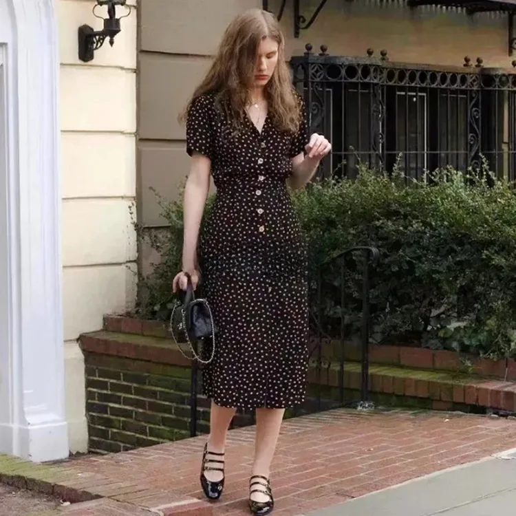 

2023 Spring and Summer New Single-breasted Polka Dot Print Women's Dress Black