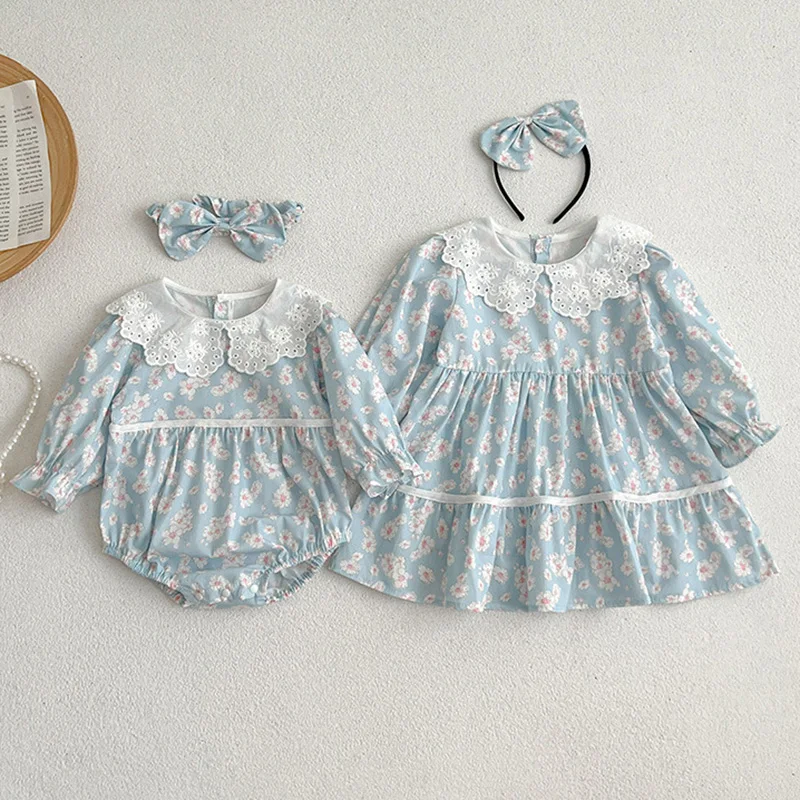 

Spring Autumn Kids Baby Girls Sister Clothes Toddler Baby Rompers Girls Long Sleeves Flowers Print Princess Girls Dresses