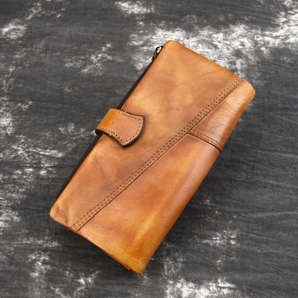 New Vintage Brushed Cowhide Long Leather Wallet With RIFD Function For Man Fashion Splicing Money Bag  With Card Clips
