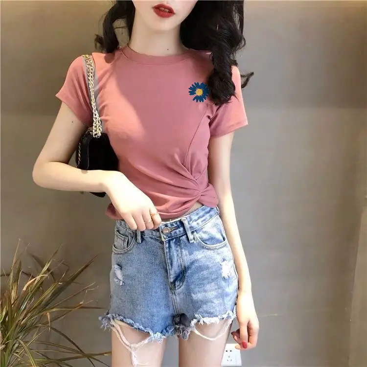

Cotton Irregular Short Sleeve T-shirt Female Tie Knot 2022 Summer New Design Fashion Sense Niche Joker Jacket