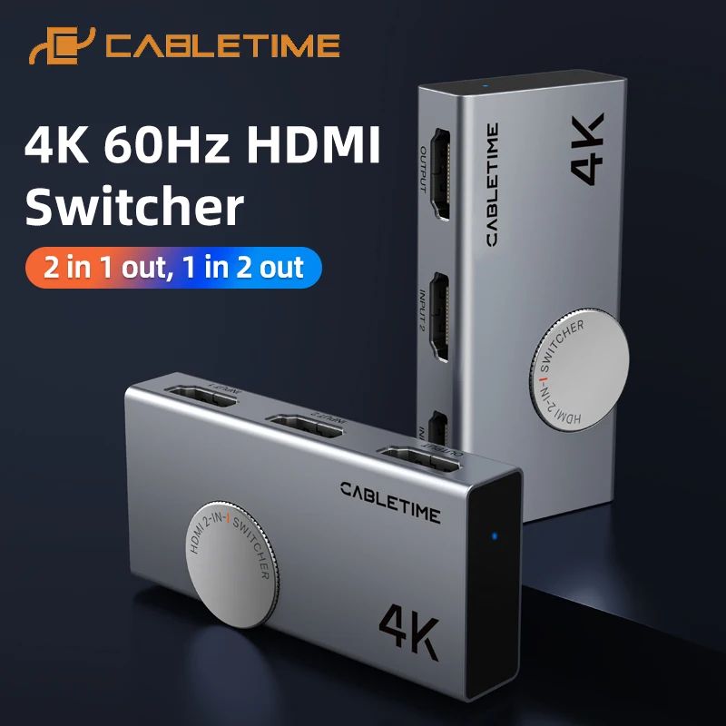 CABLETIME 4K 60Hz HDMI-compatible Switcher Bi-directional Knob Switch 3D Vision for Laptop Dell LG HDMI Adapter C447