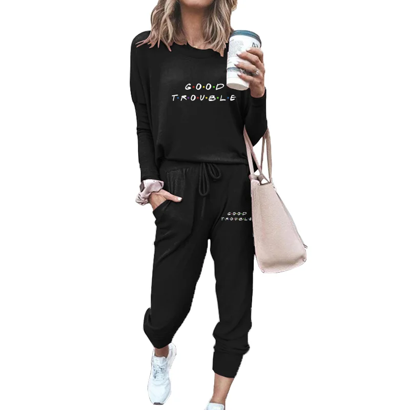 Fashion Long Sleeve Tops and Pants Sport Suits Casual Round Neck Tracksuit Spring Loose Two Piece Outfits for Women Sexy Set