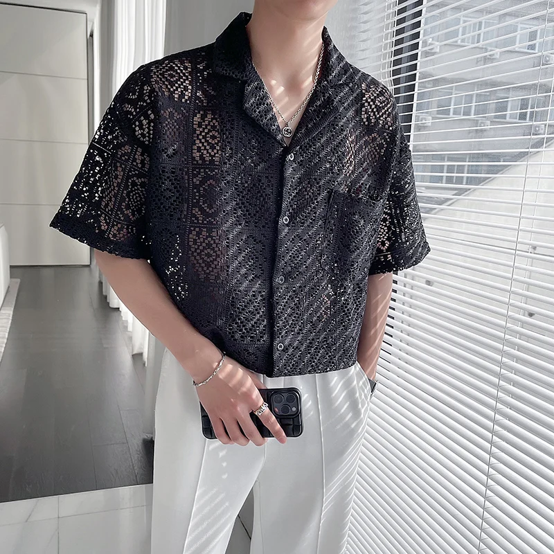 

2023 Summer Solid Color Cutout Shirts Men Short Sleeve Loose Casual Shirt Social Oversized Shirt Vintage Streetwear Men Clothing